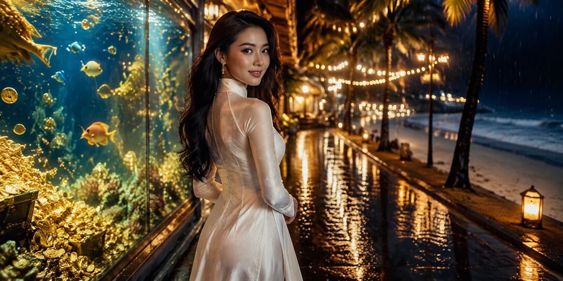 Người phụ nữ mặc áo dài tại Phú Quốc xem kết quả xổ số và nhận thưởng VIP trực tuyến